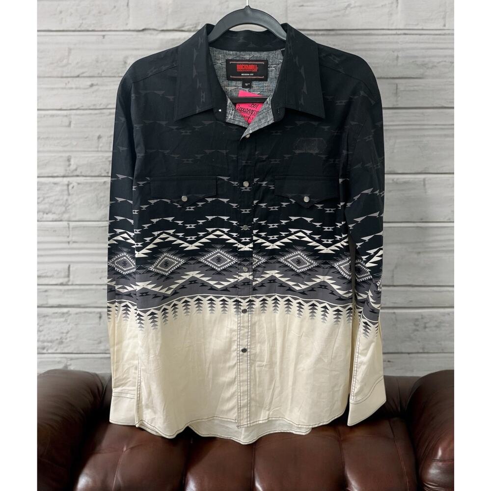 NWT Rock & Roll Denim Modern‎ Fit Pearl Snap Aztec Shirt Mens L Market Sample